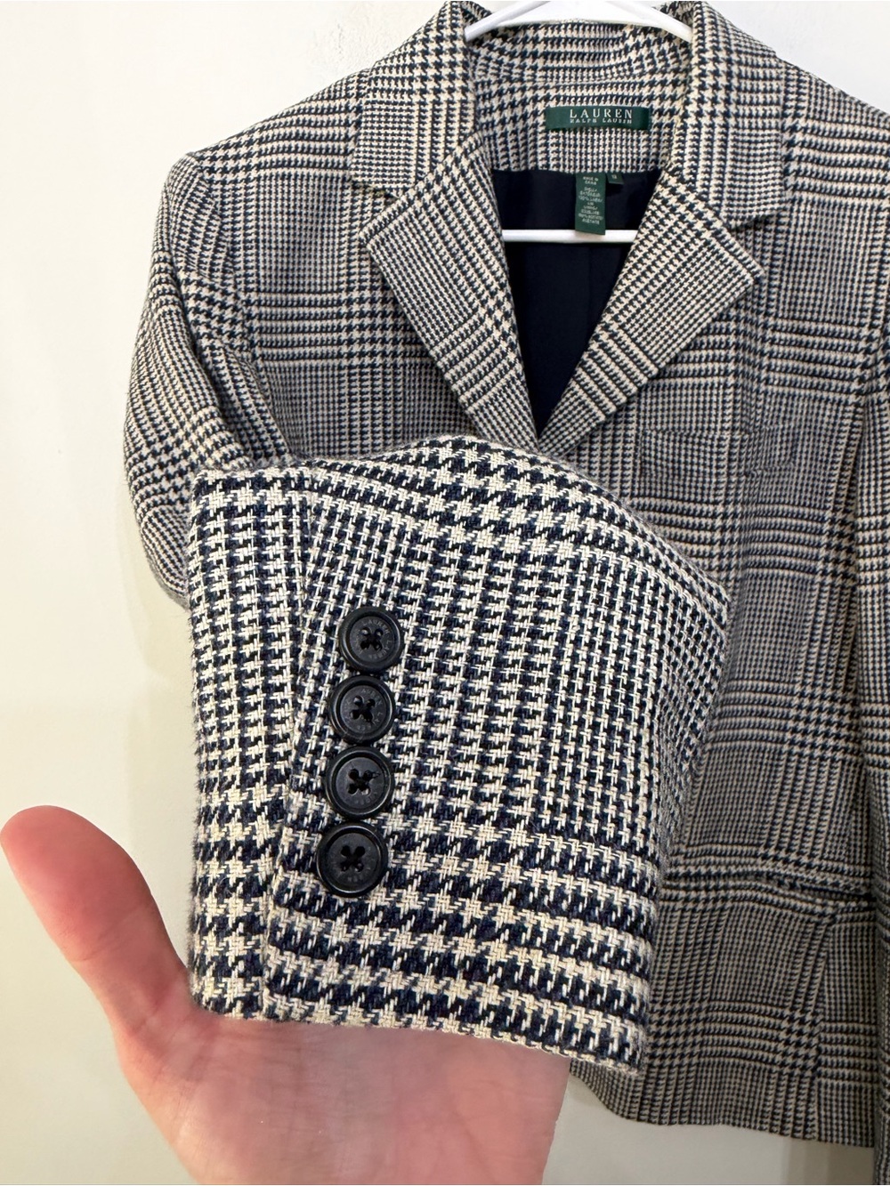 Vtg Lauren Ralph Lauren Linen Houndstooth Blazer Jacket CBK Navy Beige Womens 12 - Picture 3 of 8